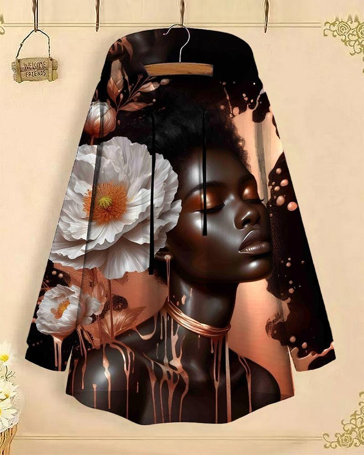 Flower Portrait Art Print Long-Sleeved with Loose Hem Hoodie