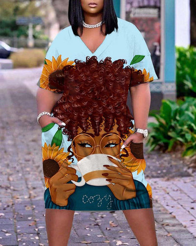 V-neck Sunflower Coffee Curly Girl Pocket A-line Dress
