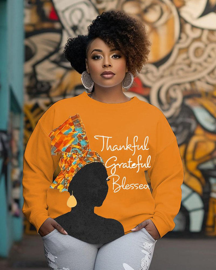 Women's Crewneck Black People Thanksgiving Day Slogan Thankful Grateful Blessed Print Long Sleeve Sweatshirts