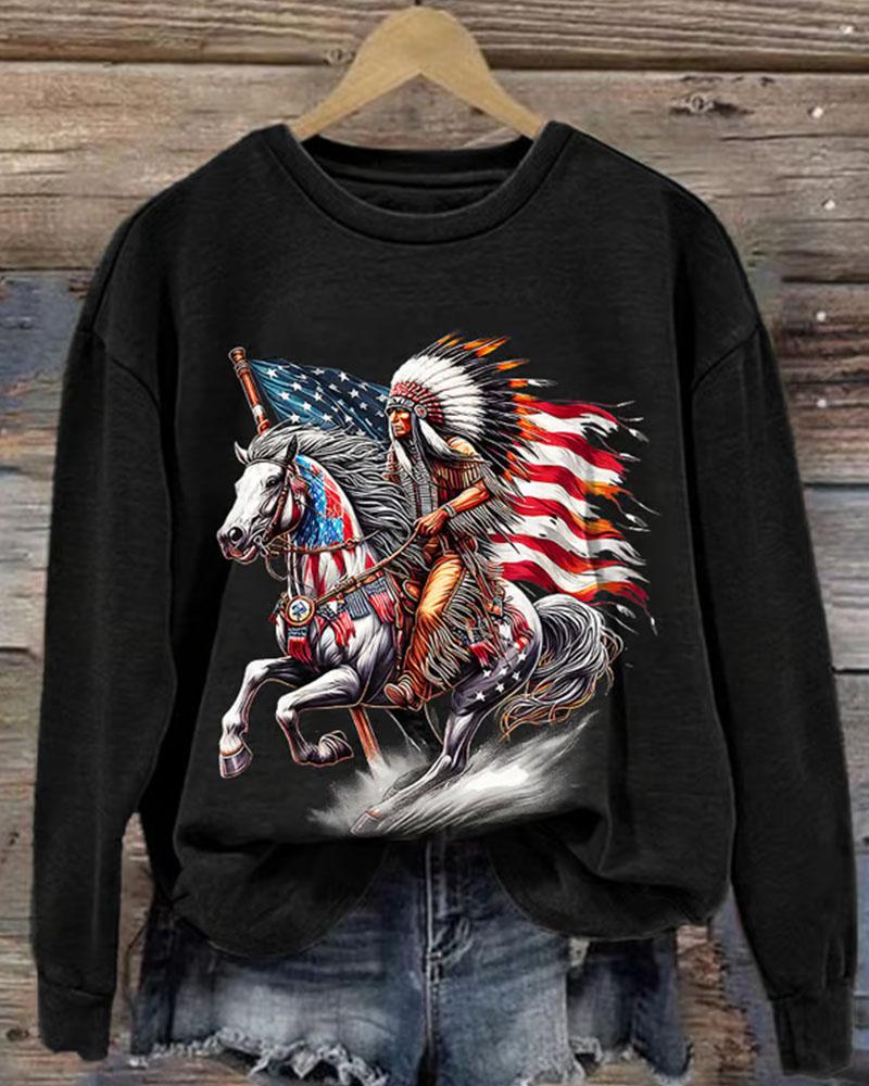 Women's Retro Native American Heritage Month Print Crew Neck Sweatershirt