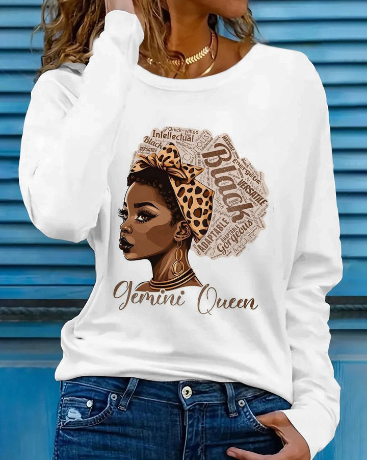 Gemini Queen Print Crew Neck Long Sleeve T-shirt