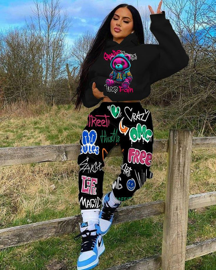 Brown Bear Graffiti Alphabet Long Sleeve Hoodie Two Pieces Set