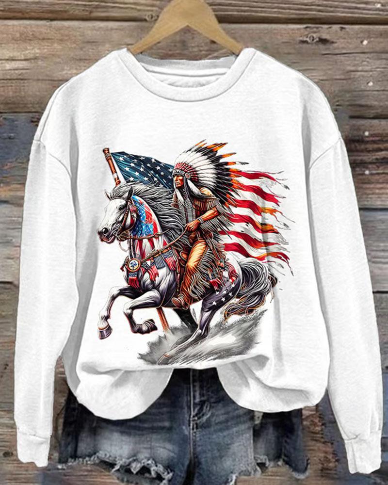 Women's Retro Native American Heritage Month Print Crew Neck Sweatershirt