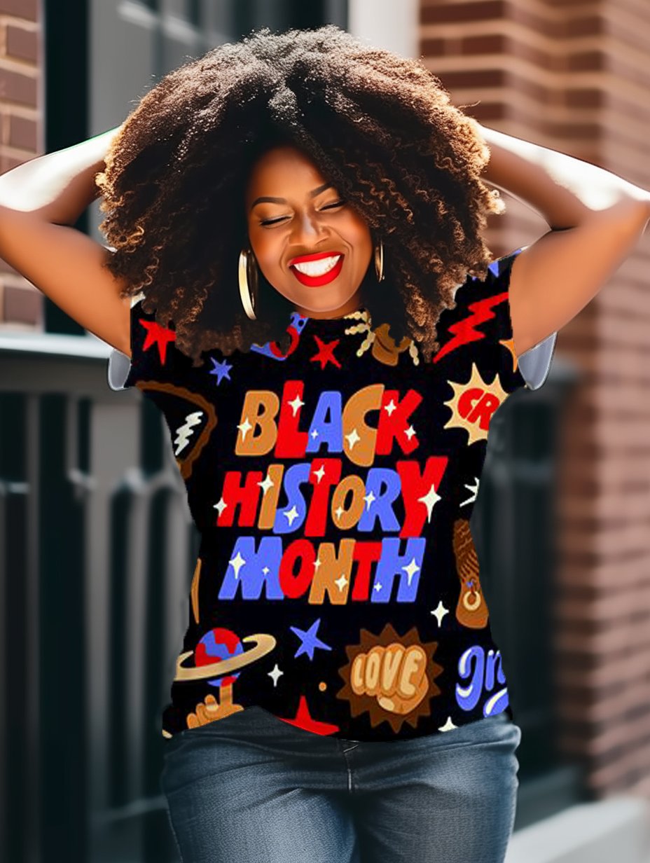 Black History Month Cartoon Loose Print Short Sleeved T-Shirt