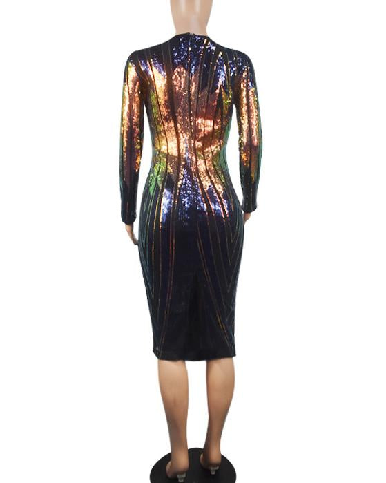 Women's Fashion Sequin V-Neck Geometric Pattern Print Evening Party Long-Sleeved Dress