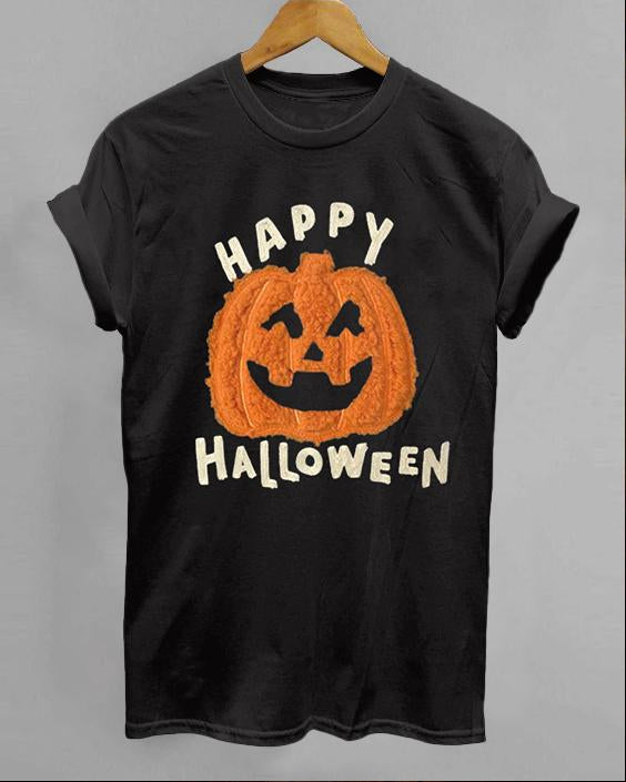 Happy Halloween Smiling Pumpkin Print Cotton Crew Neck Short Sleeve Shirt