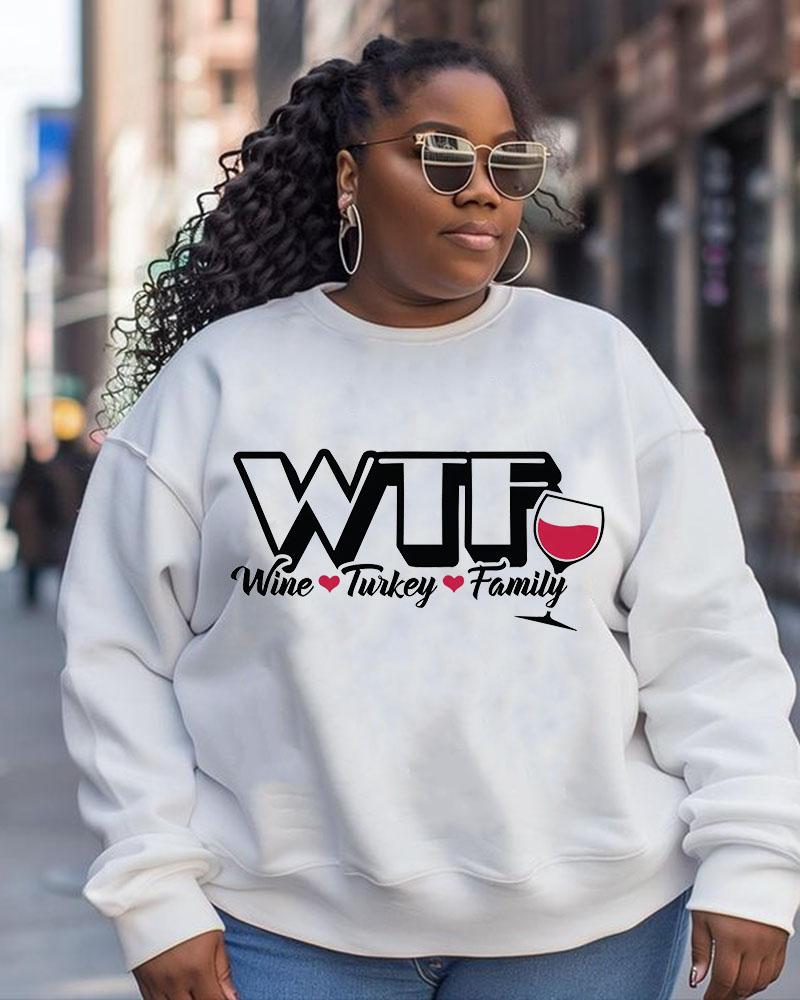 Women's Thanksgiving Wine Turkey Family Printed Round Neck Long Sleeve Sweatshirt