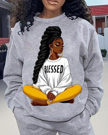 Black Girl Pattern Sweatshirt Two Pieces Set