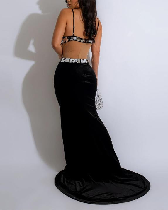 Fashionable Sexy High-end Backless Suspender Sequined Floor-length Dress