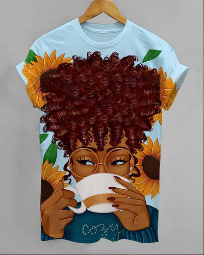 Coffee Sunflower Afro Girl Unisex Short Sleeve Tshirt