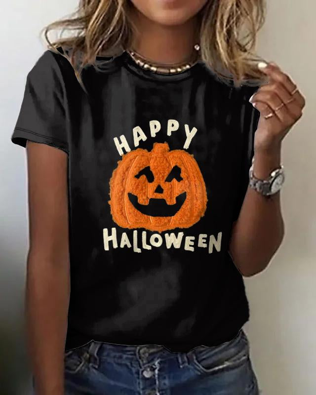 Happy Halloween Smiling Pumpkin Print Cotton Crew Neck Short Sleeve Shirt