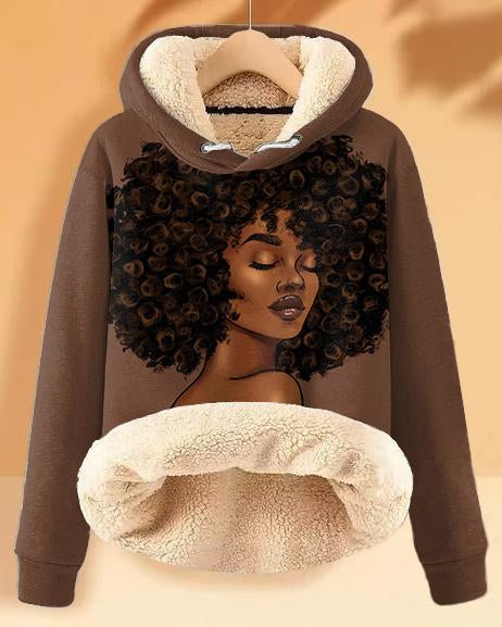 Plush and Warm Brown Afro Girl Long-sleeved Hoodie