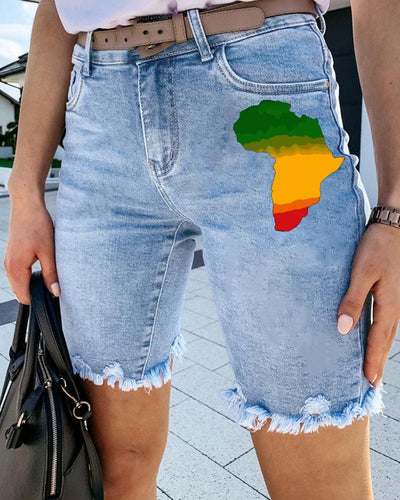 Juneteenth Black African Map Print Denim Cropped Shorts