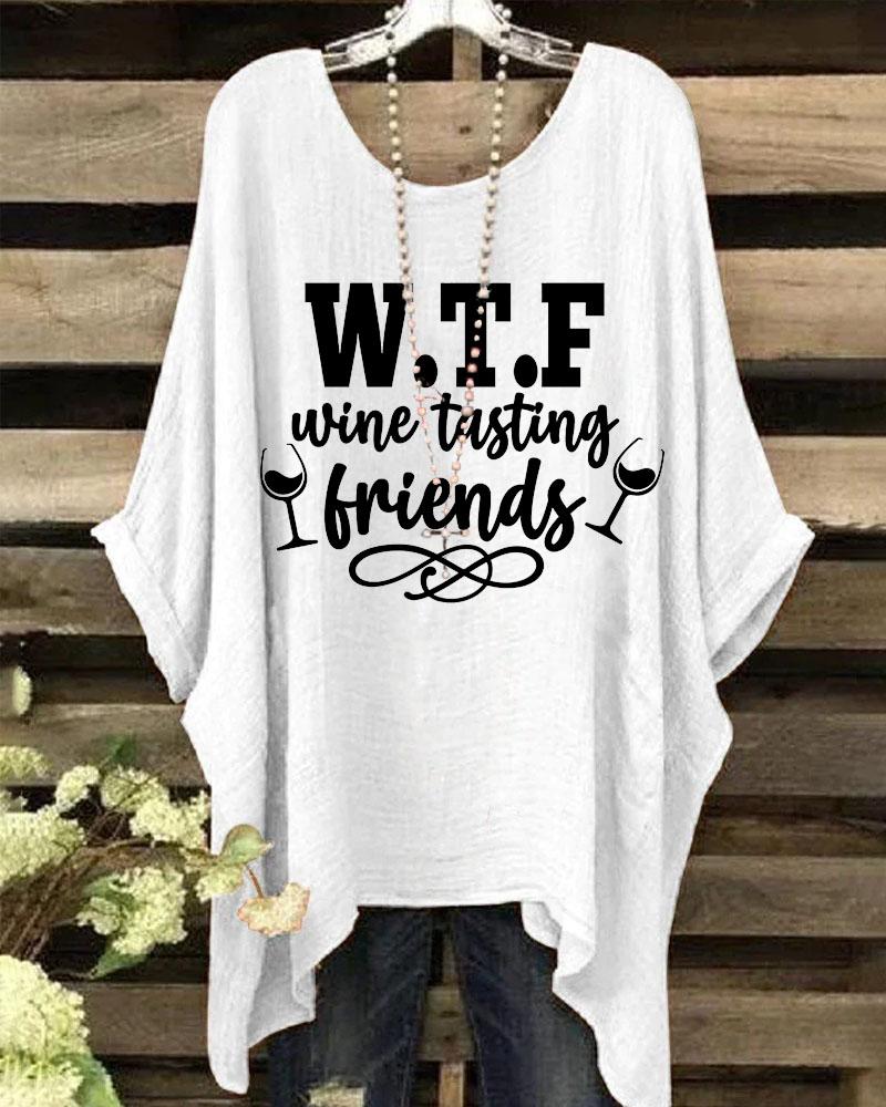 Women's Thanksgiving Wine Tasting Friends Pattern Printed Round Neck Batwing Sleeve Blouses