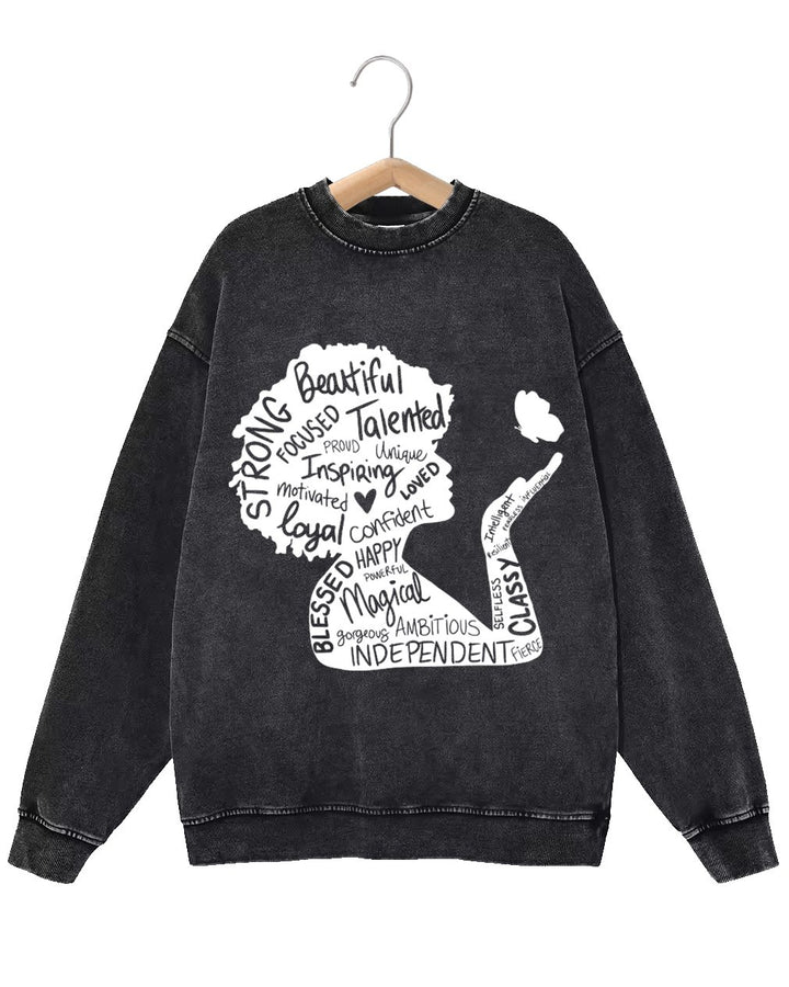 Retro Fashion Distressed Washed Black Girl Magic Print Long Sleeve Unisex Sweatshirt