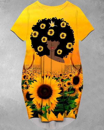 Sunflower Gradient Color Baggy Long Sleeve Pockets Midi Dresses