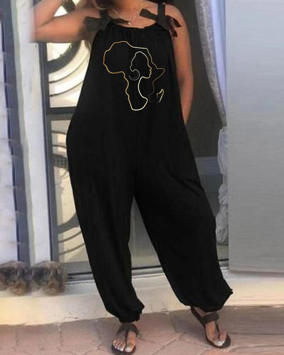 Black African Map Gold Printed Women's Jumpsuit