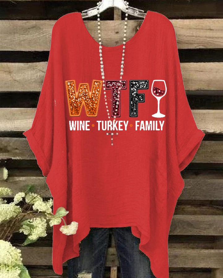 Women's Thanksgiving Wine Turkey Family Crewneck Batwing Sleeve Printed Blouse