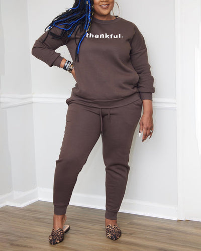 Thankful Print O Neck Long Sleeve Two Pieces