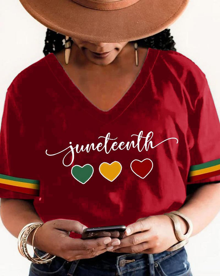 Juneteenth Heart Letter Print V Neck Short Sleeves