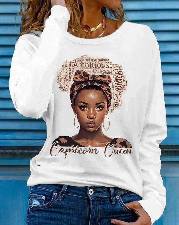 Capricornus Queen Print Crew Neck Long Sleeve T-shirt