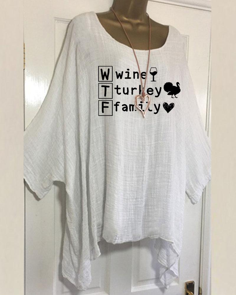 Women's Thanksgiving Wine Turkey Family Round Neck Print Shirt