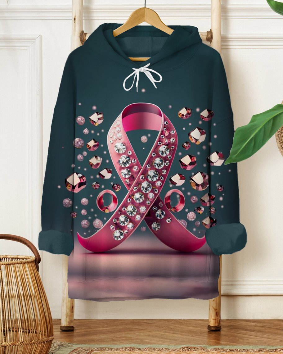 Breast Cancer Awareness Diamond Stamp Print Long-sleeved Hooded