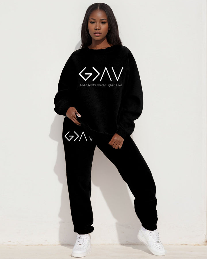 God is Greater than the Highs & Lows Print Long Sleeve Sweatshirt Two Pieces Set