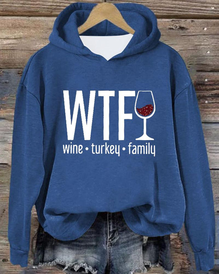 Women's Thanksgiving Wine Turkey Family Print Long Sleeve Hoodie With Pocket