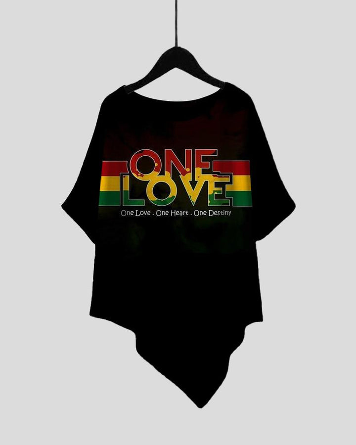 Colorblock One Love Round Neck Irregular Hem Short Sleeve T-shirt