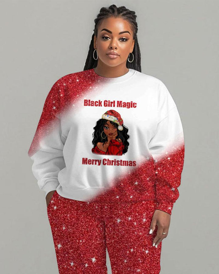 Black Girl Magic Merry Christmas Print Long Sleeve Sweatshirt Two Pieces Set