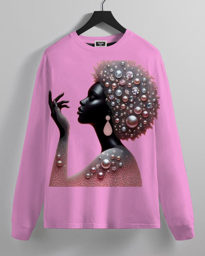 Purple Pearl Earrings Girl Cotton Crew Neck Long Sleeve T-shirt