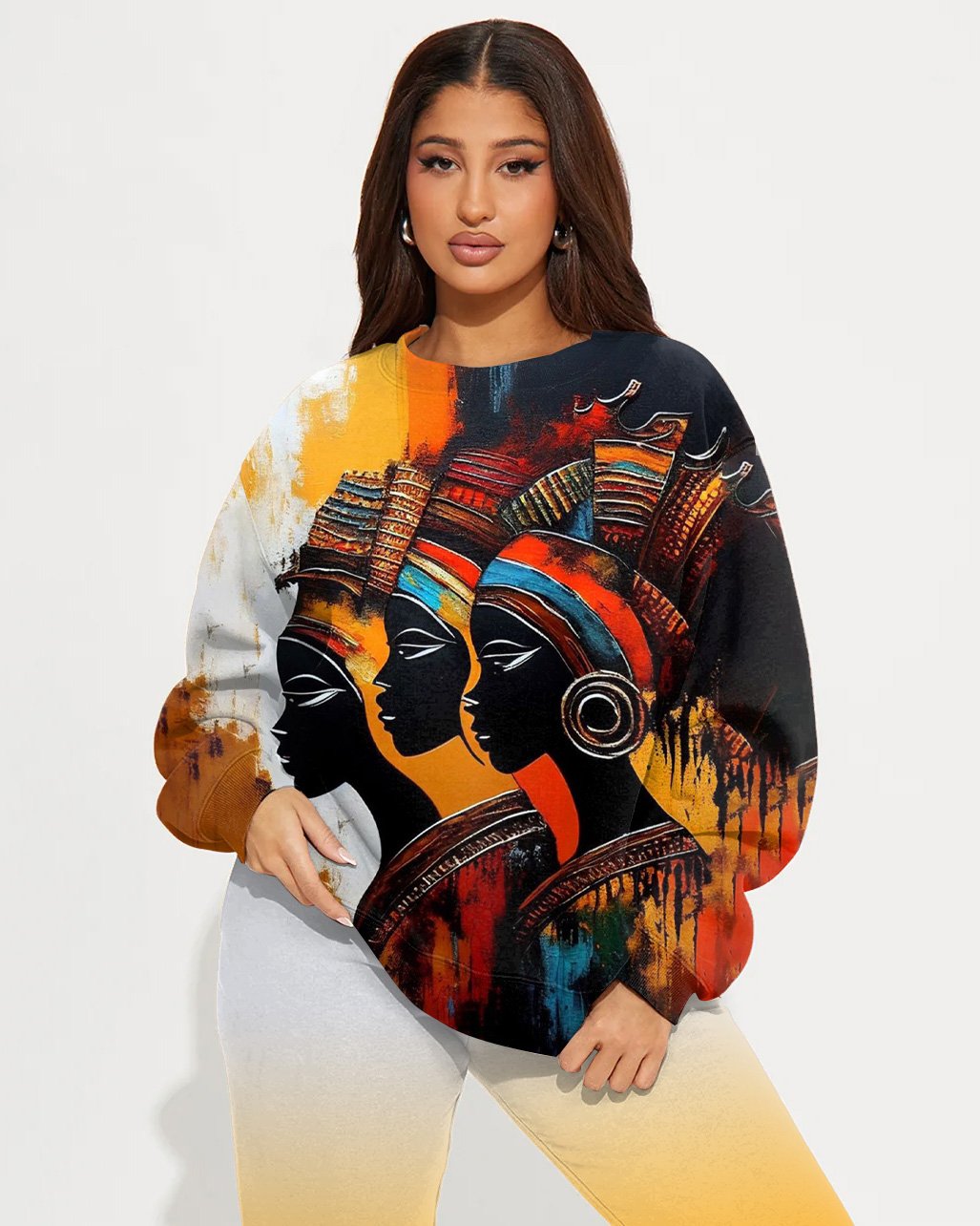 Woman Abstract Art Crew Neck Sweatshirt Two Pieces Set