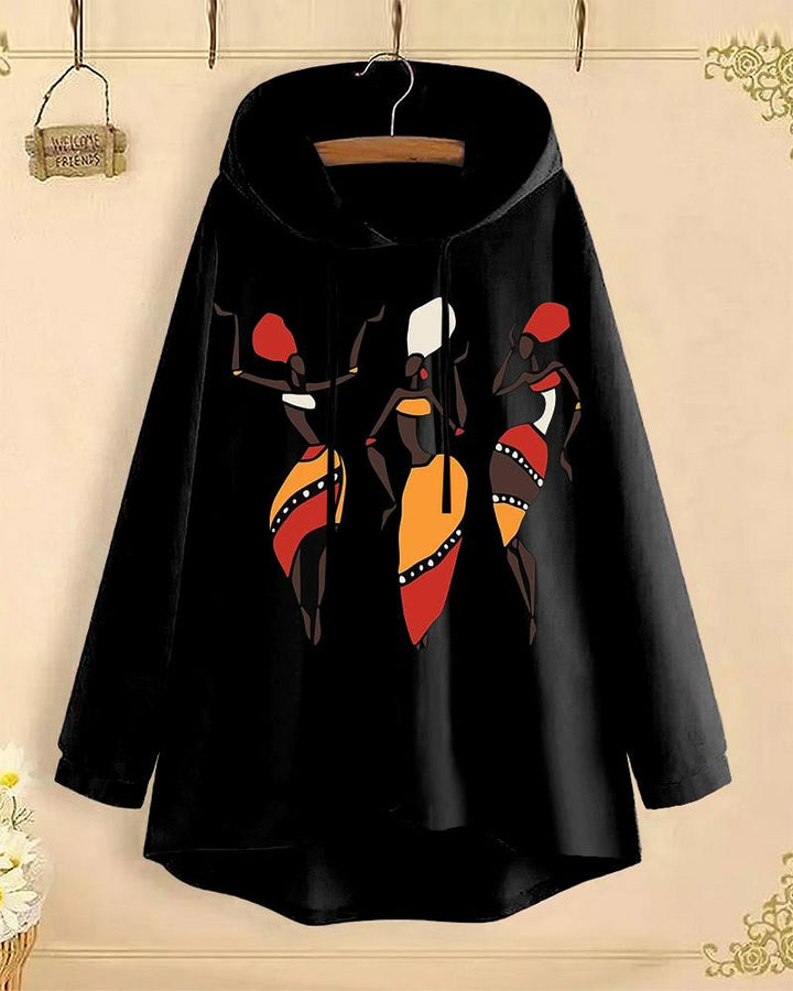 Retro Ethnic Lady Long-Sleeved with Loose Hem Hoodie