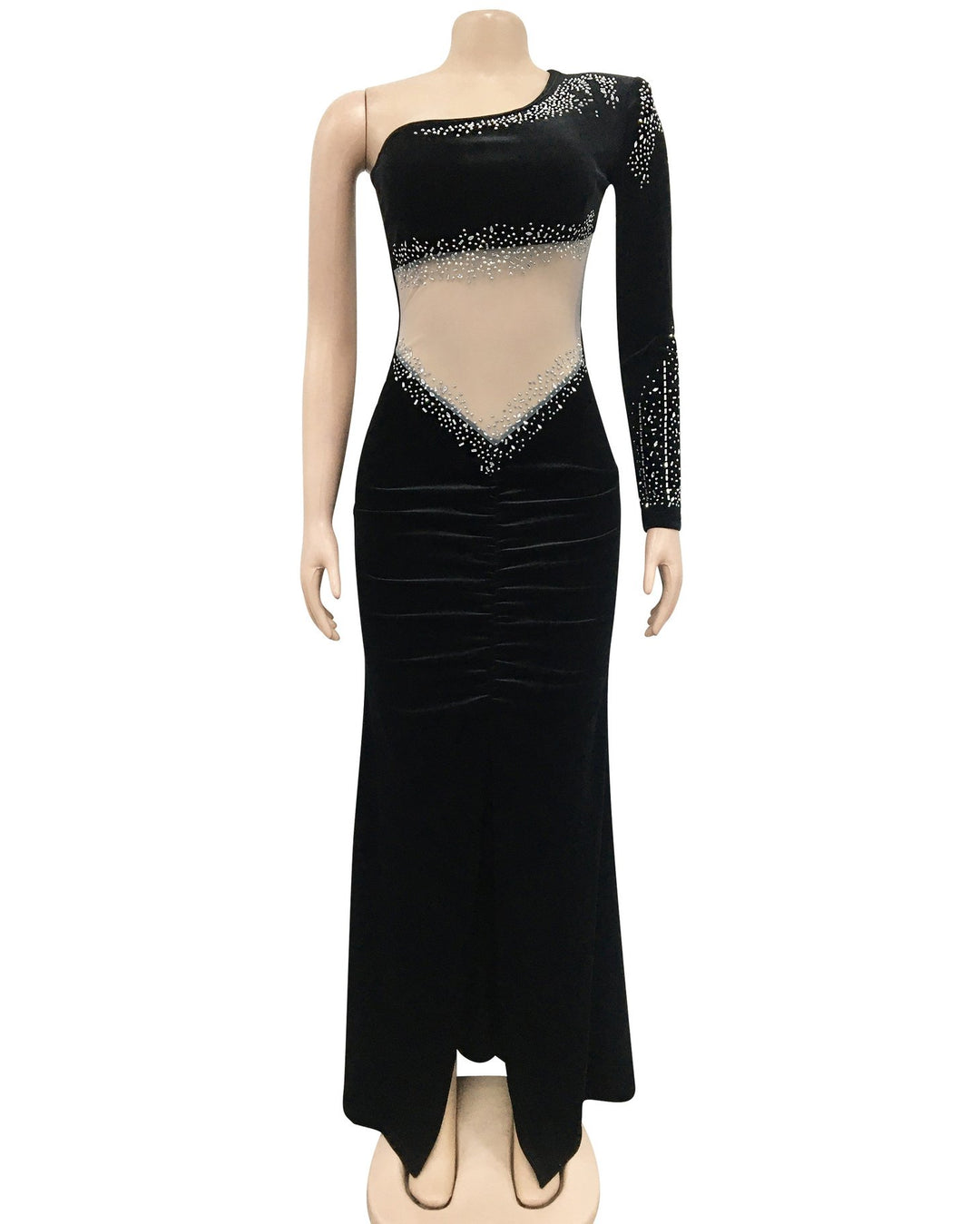 Women's Fashion Velvet Hot Diamond Mesh See-Through Pleated Oblique Collar One Shoulder Slit Dress