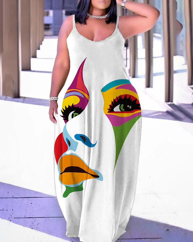 Color Face Art Woman Oil Painting Pocket Dress