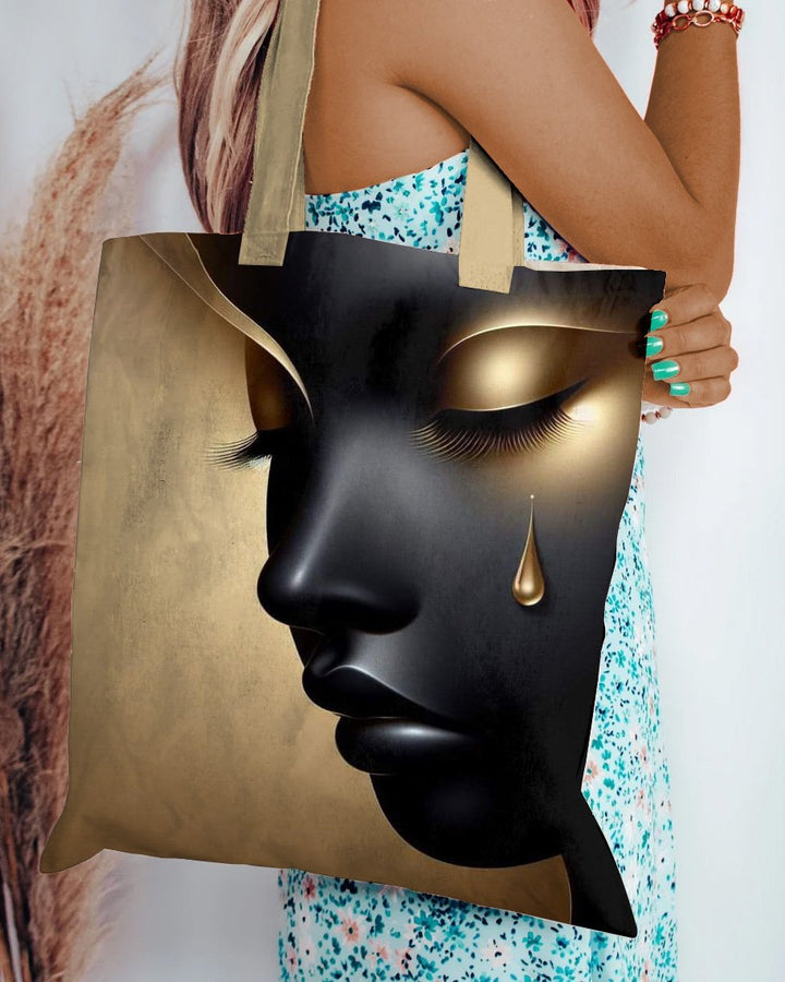 Golden Tears Girl Art Zipper Canvas Tote Bag