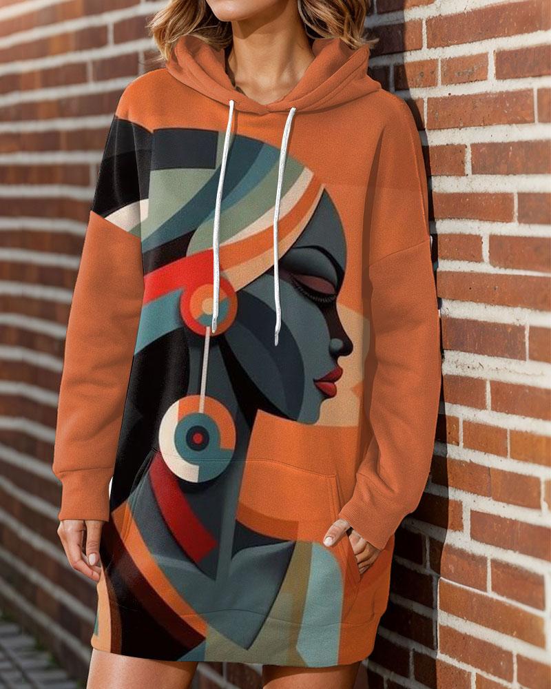 Women's Colorblock Portrait Painting Print Long Sleeve Hooded Dress