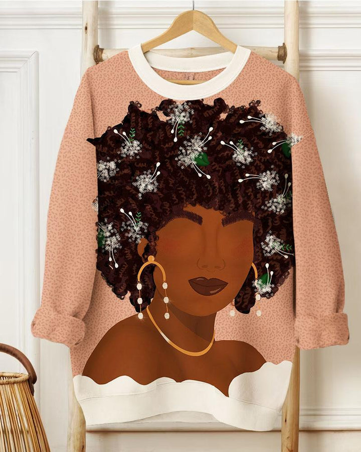 Women Black Girls Christmas Printed Round Neck Sweatshirts