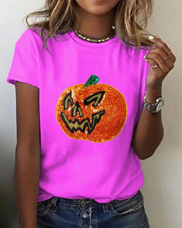 Halloween 3D Shiny Pumpkin Print Crew Neck Short Sleeve Shirt