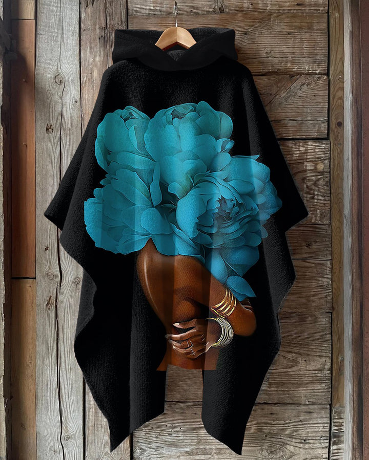 Brown Girl Blue Flowers Art Hooded Warm Shawl Cape