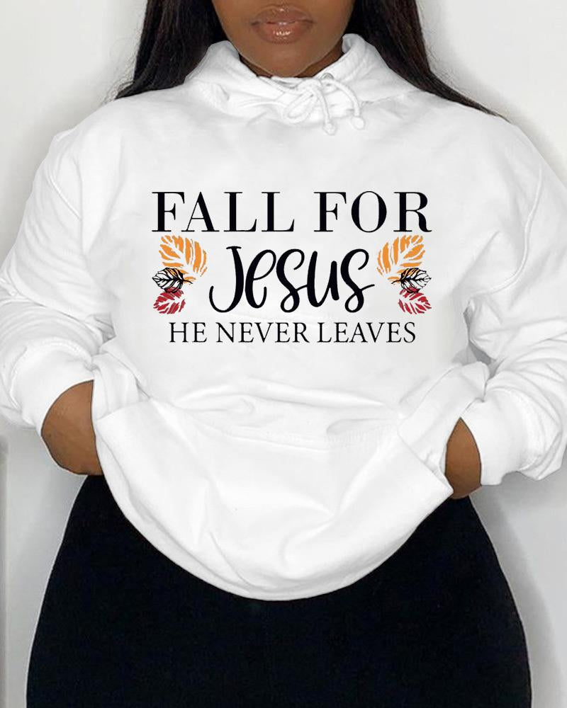 Women's Faith Fall For Jesus He Never Leaves Pocket Long Sleeve Hoodie