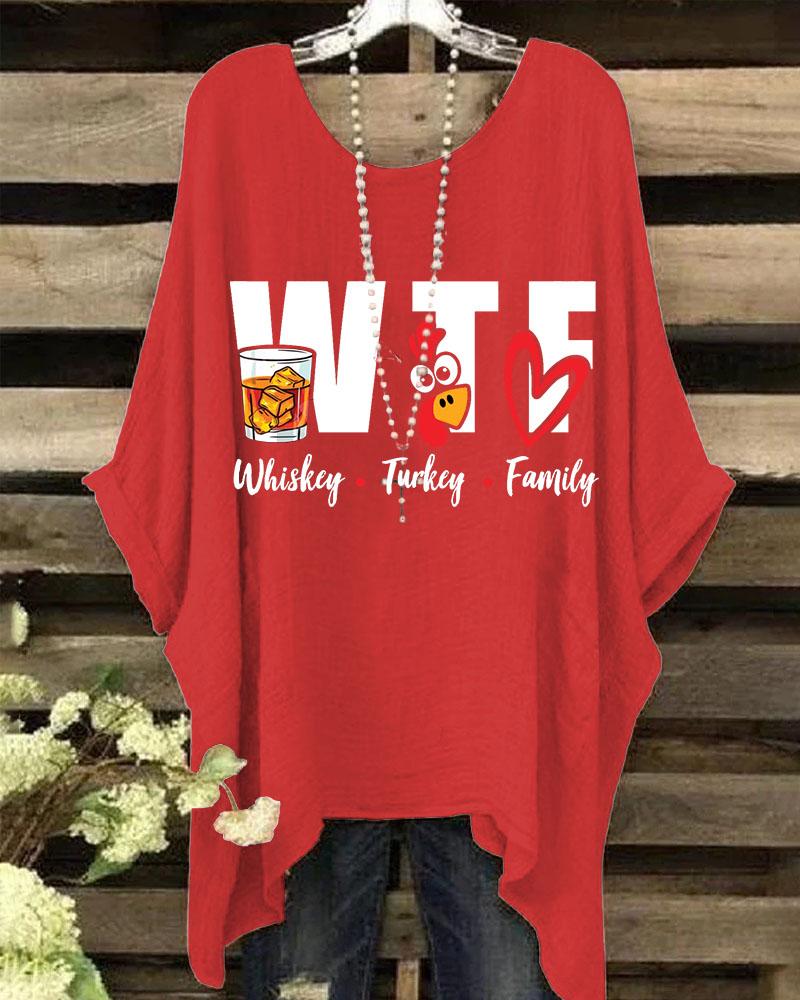 Thanksgiving Whiskey Turkey Family Batwing Sleeve Crewneck Printed Shirt