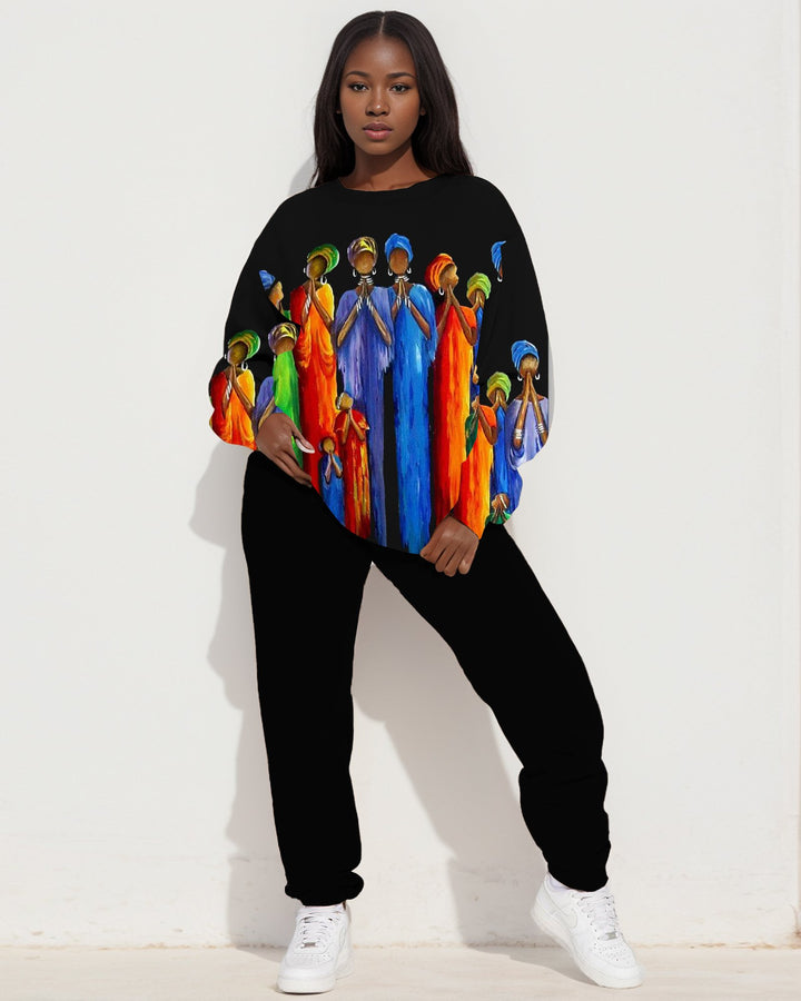 Black Abstract Human Body Pattern Sweatshirt Two Pieces Set