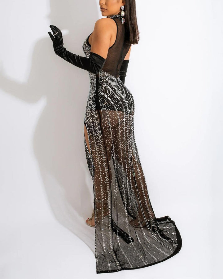 Women's Fashion Sexy Mesh Hot Diamond See-Through Evening Party Long Dress