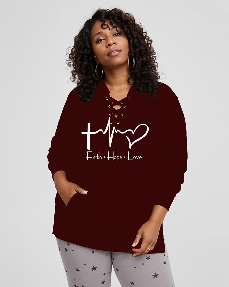 Faith Hope Love Lace Up Side Slit Hoodie