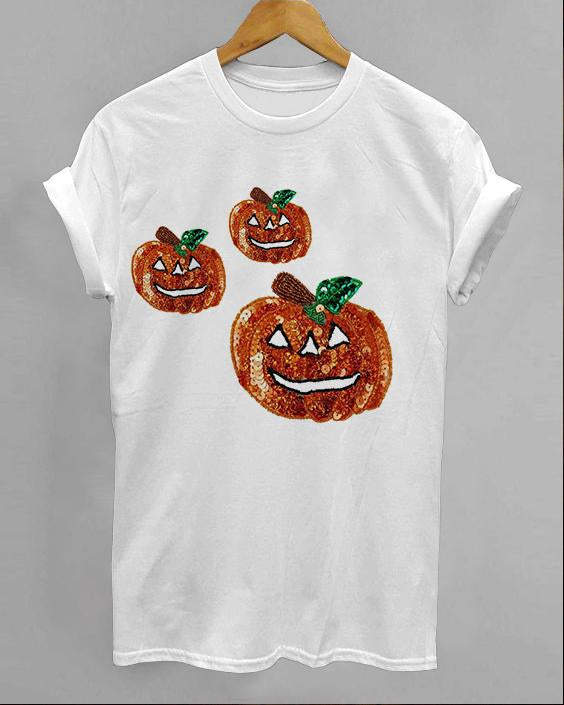 Halloween Simple Versatile Pumpkin Print Cotton Crew Neck Short Sleeve Shirt