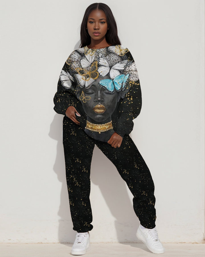 Butterfly And Black Girl Print Sweatshirt Two Pieces Set