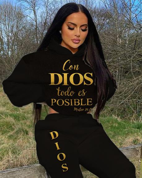 Con Dios To Do Is Posible Long Sleeve Hoodie Two Pieces Set