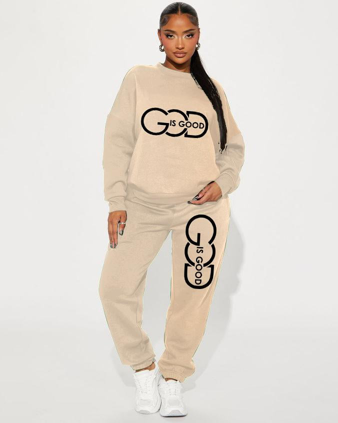 God Is Good Slogan Crew Neck Sweatshirt Two Pieces Set